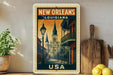A vintage-style metal stamp depicting the New Orleans skyline, with the text "NEW ORLEANS LOUISIANA USA" prominently displayed.