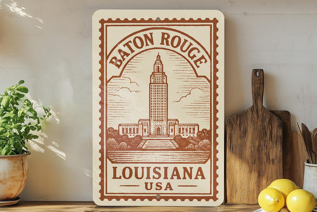 A vintage-style metal sign with the text "Baton Rouge, Louisiana, USA" printed on it, featuring an illustration of the Louisiana State Capitol building.
