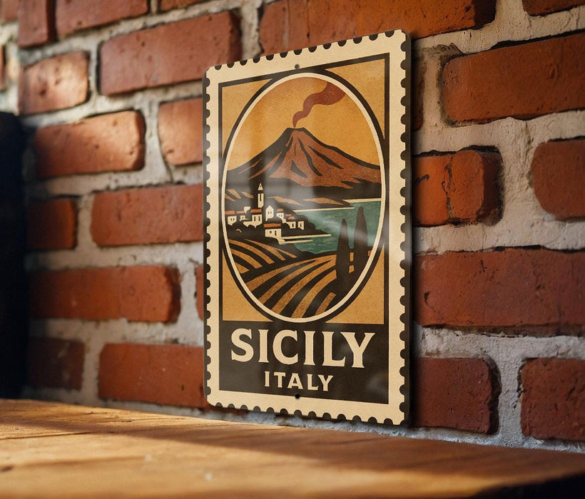 A vintage-style metal sign with a landscape illustration and the text "SICILY ITALY" is displayed on a brick wall.