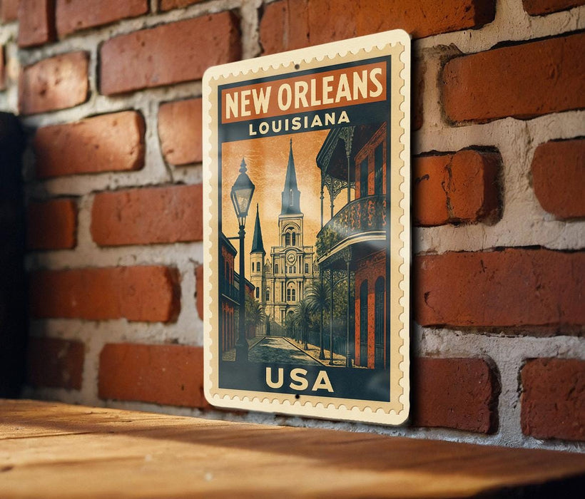 A vintage-style metal sign with the text "NEW ORLEANS LOUISIANA USA" displayed on a brick wall.