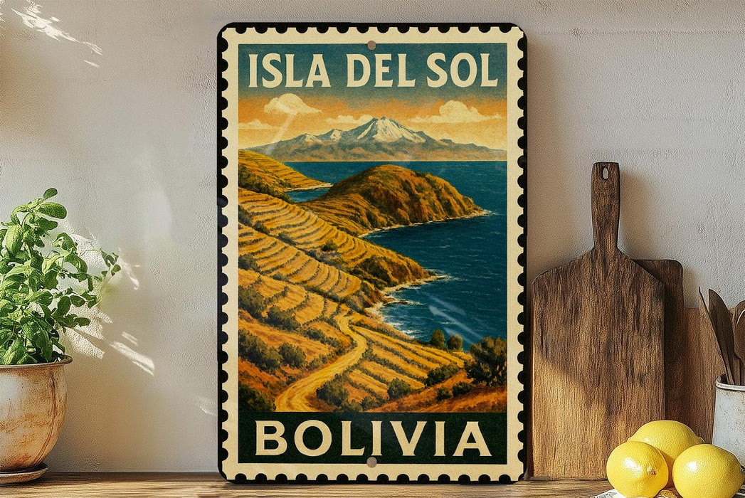 A vintage-style metal sign with the text "ISLA DEL SOL BOLIVIA" and a scenic landscape depicting a mountainous coastline and a blue ocean.