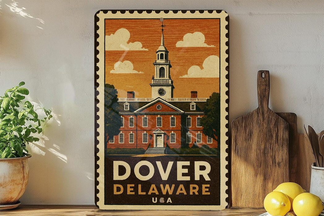 A framed vintage-style poster of Dover, Delaware, featuring a building with a steeple and a clock tower, is displayed on a shelf next to a wooden cutting board and some potted plants.