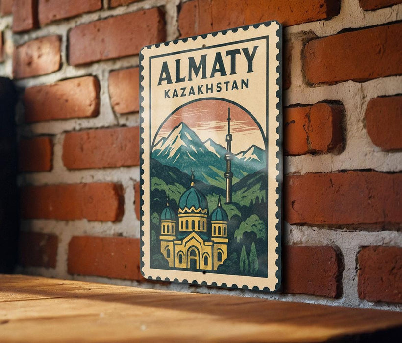 A vintage-style poster of Almaty, Kazakhstan, featuring a mountainous landscape with a domed building and a tower, mounted on a brick wall.
