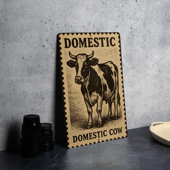 a wooden sign with a cow illustration, placed on a table next to some black camera lenses.