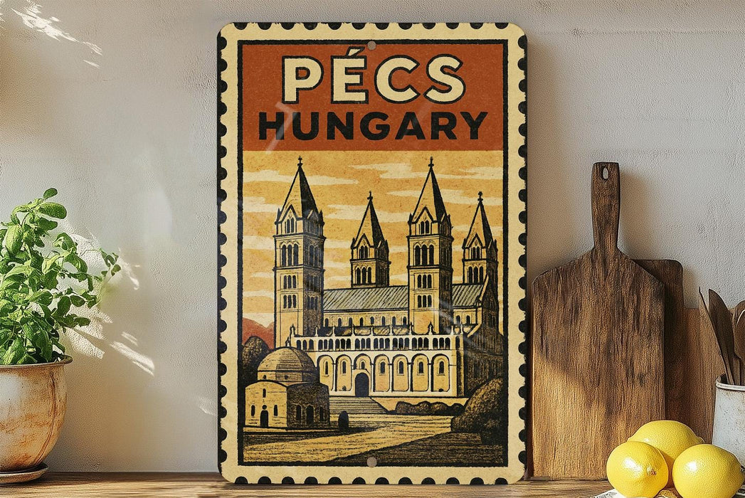A vintage-style poster of the Pecs Cathedral in Hungary, featuring an illustration of the cathedral's spires and architecture, is displayed on a wall next to kitchen utensils and a potted plant.