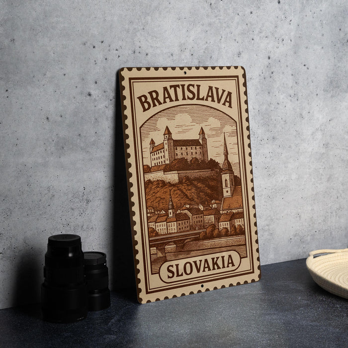 A metal sign with the text "BRATISLAVA SLOVAKIA" and an illustration of a castle, placed on a table next to some black camera lenses.