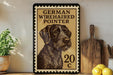 a German Wirehaired Pointer dog, which is a breed of dog known for its wire-haired coat and distinctive appearance. The dog is depicted in a stamp-like frame, and there are some kitchen items, such as a cutting board and a bowl, visible in the background.