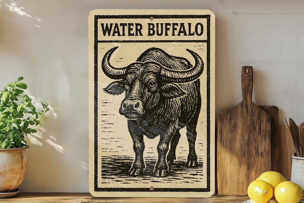 a wooden sign with a black and white illustration of a buffalo, accompanied by the text "WATER B Buffalo" on a wooden shelf.