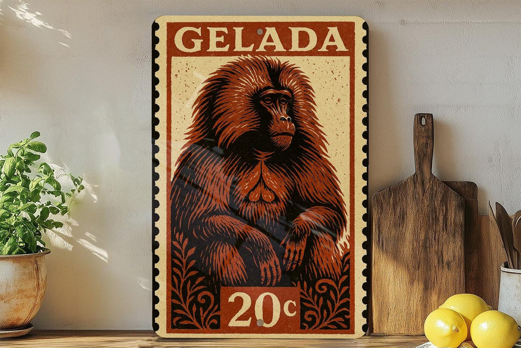 A metal sign with a monkey illustration and the text "GELADA 20c" is displayed on a shelf, accompanied by a wooden cutting board and a potted plant.