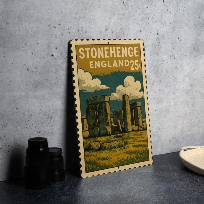 A vintage-style metal stamp depicting Stonehenge, a famous monument in England, with a cloudy sky and grassy landscape in the background.