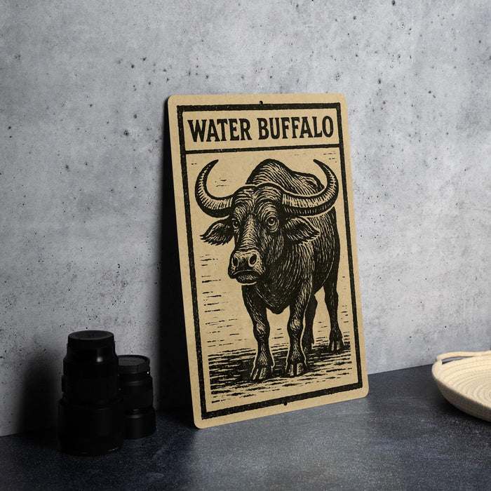 a wooden sign with a picture of a buffalo, labeled "Water Buffalo", placed on a table next to some black camera lenses.