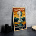 A vintage-style stamp depicting a scenic landscape with a steam explosion, representing Yellowstone National Park in the United States.