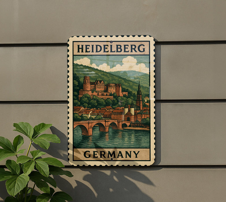 A metal sign with a painting of Heidelberg, Germany, mounted on a wall.