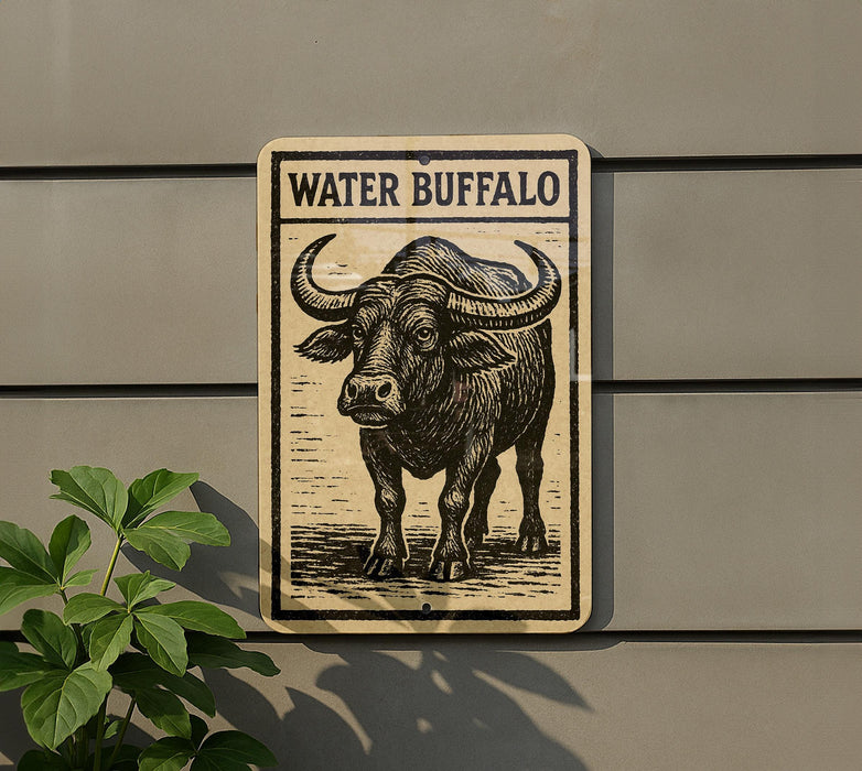 a sign with a picture of a buffalo, mounted on a wall.