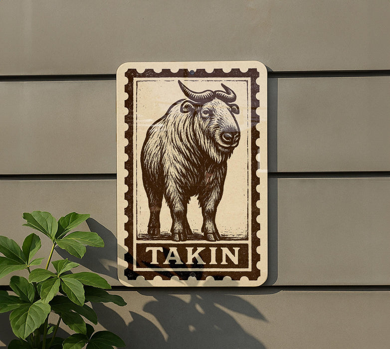 a sign with a picture of a yak, mounted on a wall.