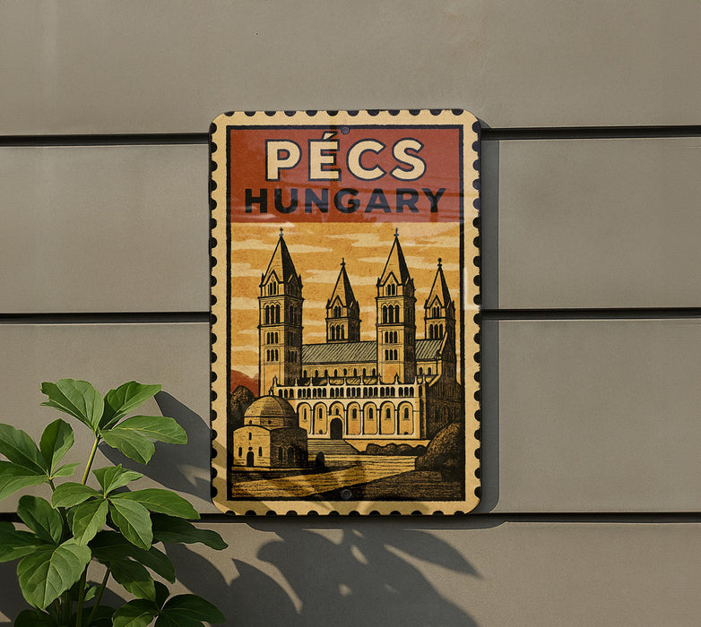 A vintage-style sign with the text "PECS HUNGARY" and an illustration of a cathedral, mounted on a wall.