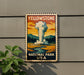 A vintage-style sign for Yellowstone National Park, featuring an illustration of a geyser or hot spring surrounded by a scenic landscape.