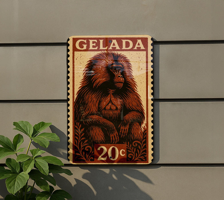 A wooden sign with a picture of a monkey and the word "GELADA" on it, mounted on a wall.