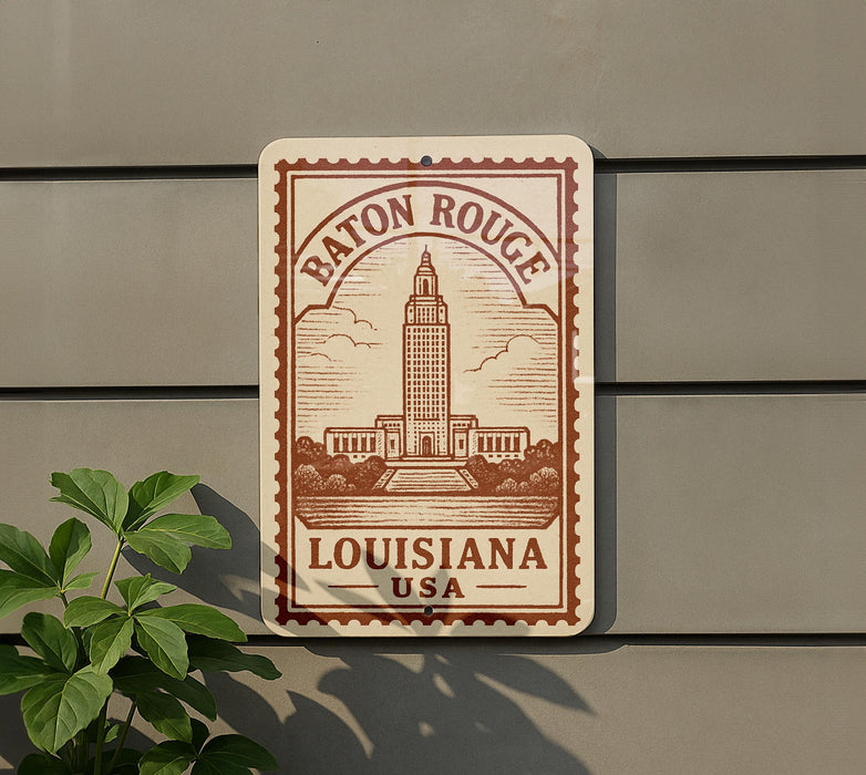 A sign displaying the name "Baton Rouge" and the location "Louisiana USA" is mounted on a wall.