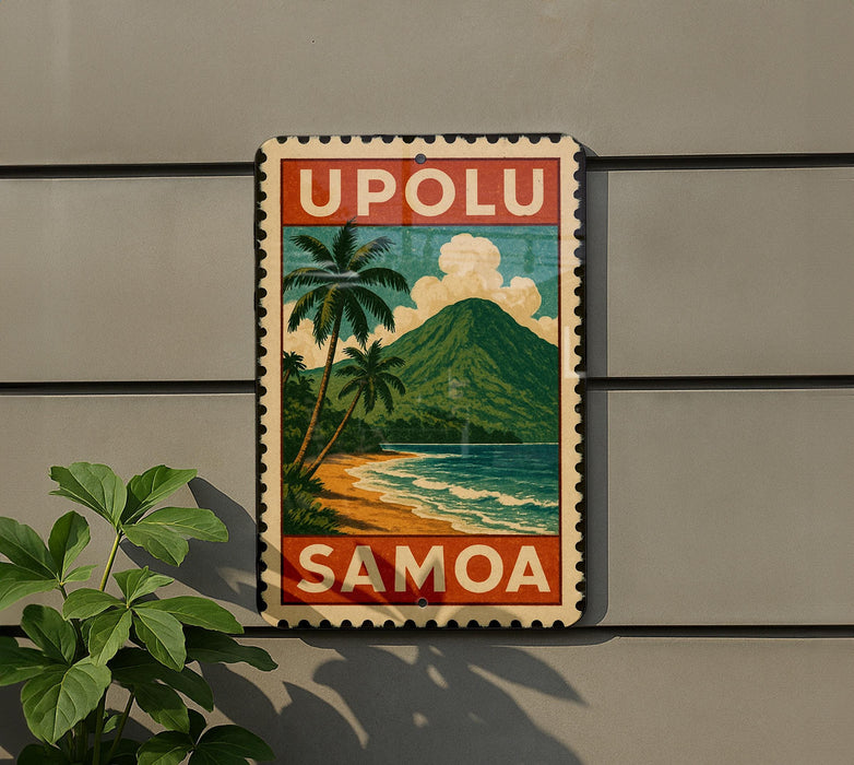 A vintage-style stamp or sign with the text "UPOLU SAMOA" displayed on a wall, depicting a tropical beach scene with palm trees and a mountain in the background.