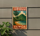 A vintage-style stamp or sign with the text "UPOLU SAMOA" displayed on a wall, depicting a tropical beach scene with palm trees and a mountain in the background.