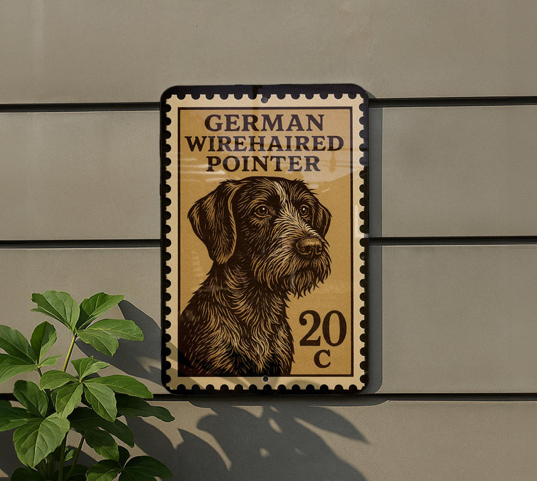 a German Wirehaired Pointer dog, which is depicted in a postage stamp-like frame.