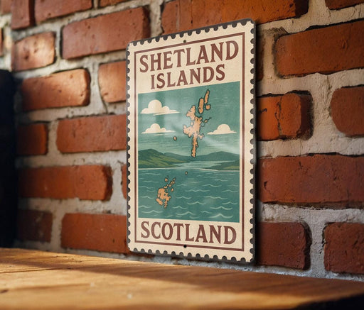 A vintage-style metal sign with the text "SHETLAND ISLANDS SCOTLAND" is displayed on a brick wall.