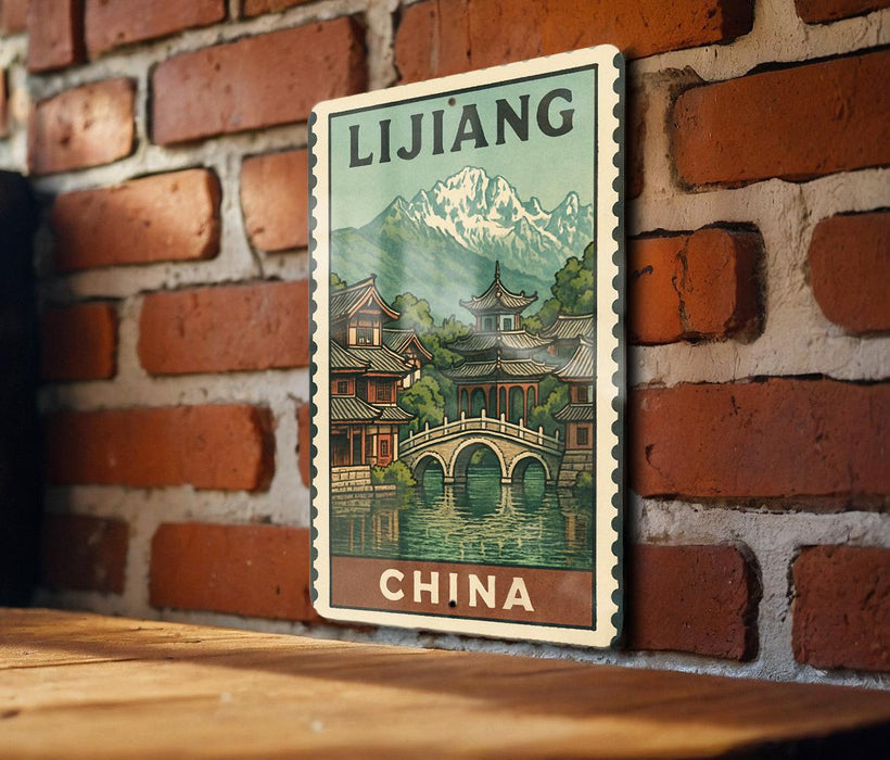 A vintage-style poster of a Chinese cityscape with mountains in the background, displayed on a brick wall.