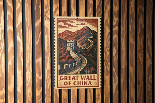 A framed poster of the Great Wall of China is displayed on a wooden wall.