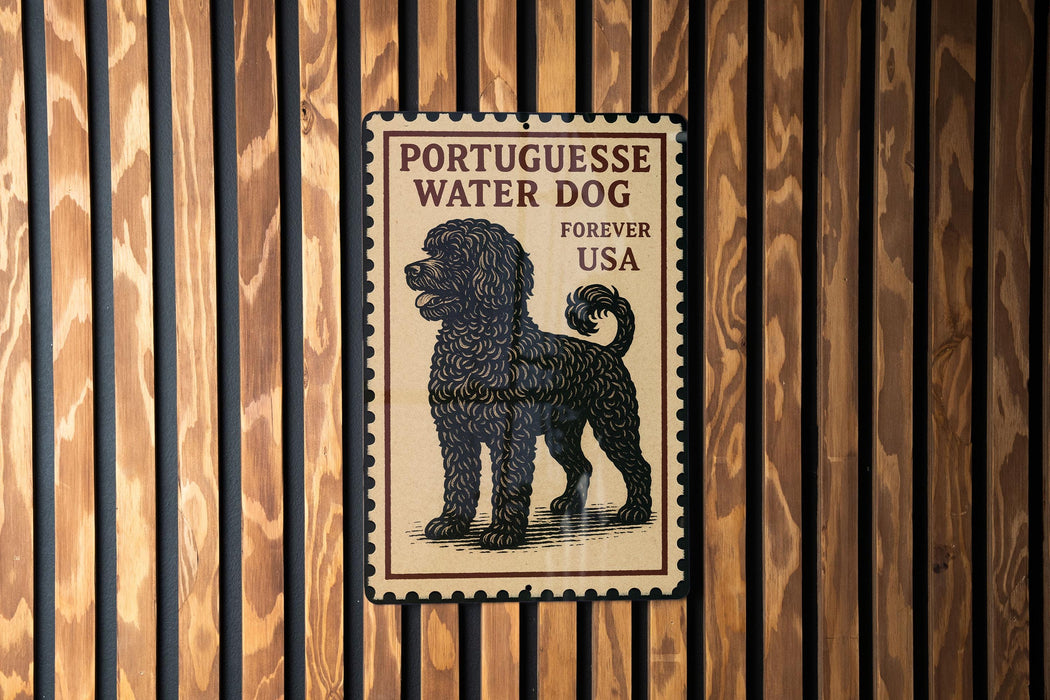 A vintage-style postage stamp featuring a black poodle, mounted on a wooden wall.