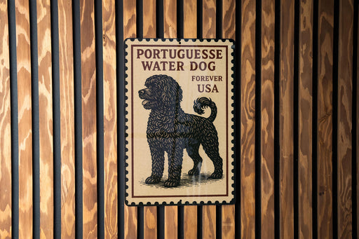 A vintage-style postage stamp featuring a black poodle, mounted on a wooden wall.