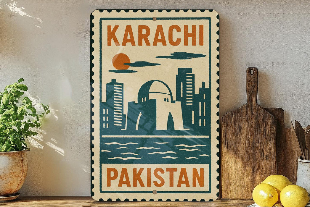 A vintage-style sign with the text "KARACHI PAKISTAN" displayed on a wall, with a cityscape illustration below it. The sign is surrounded by various kitchen utensils and a potted plant, creating a homely atmosphere.