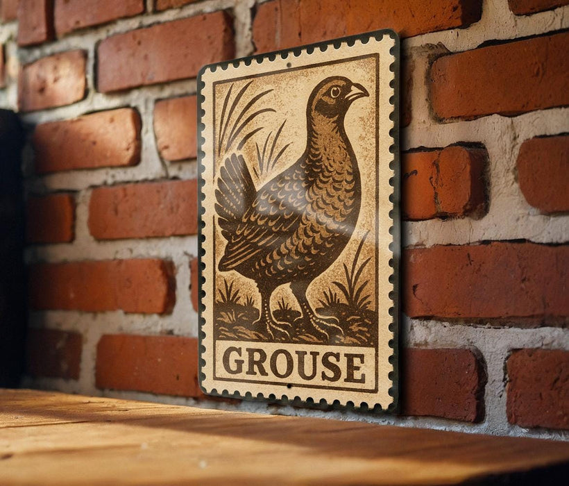 A vintage-style metal sign featuring a stylized illustration of a bird, mounted on a brick wall.
