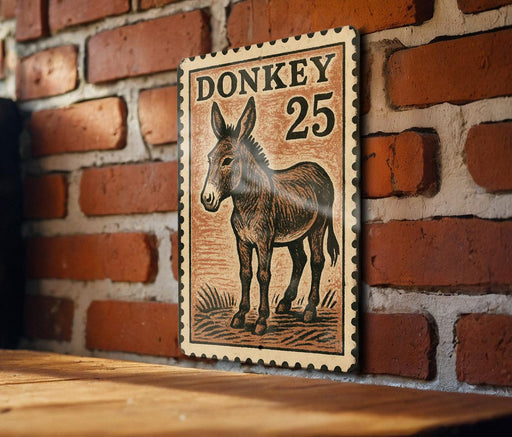 a wooden table with a framed illustration of a donkey on it, mounted on a brick wall.