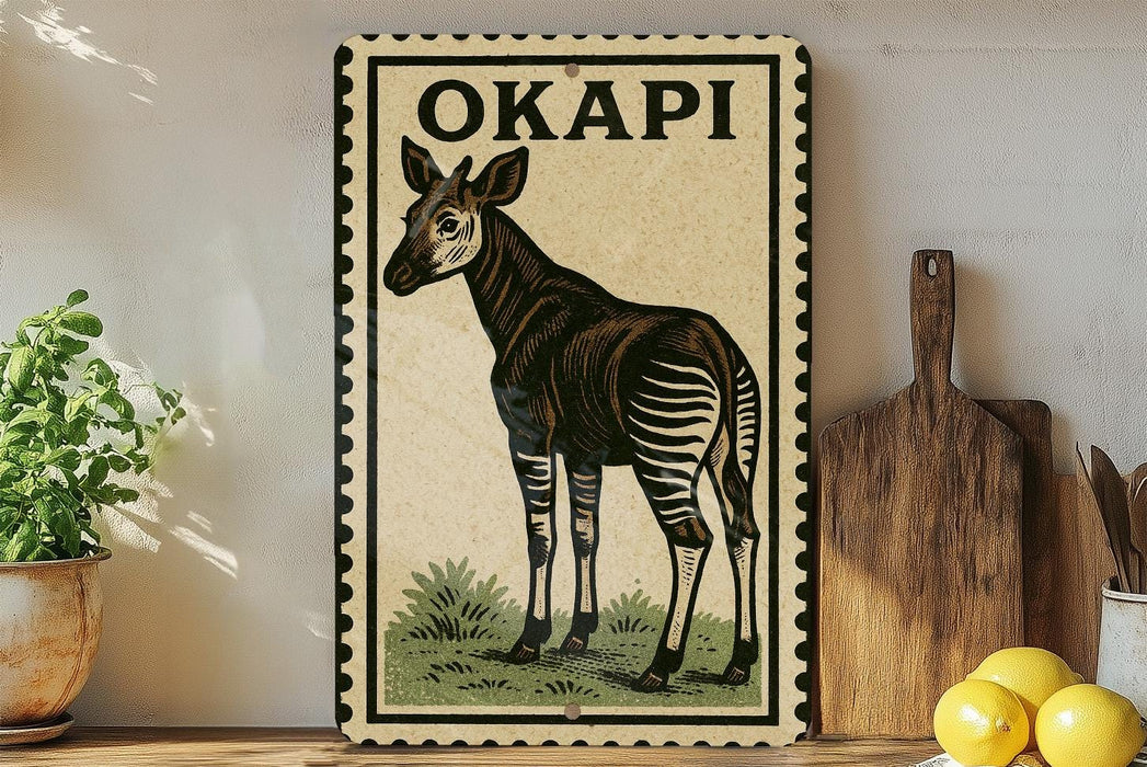 a decorative metal sign with a zebra illustration, placed on a wooden surface next to a potted plant and a wooden cutting board.