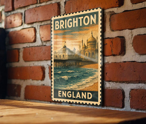 A vintage-style stamp depicting a coastal scene in Brighton, England, with a pier and buildings in the background.