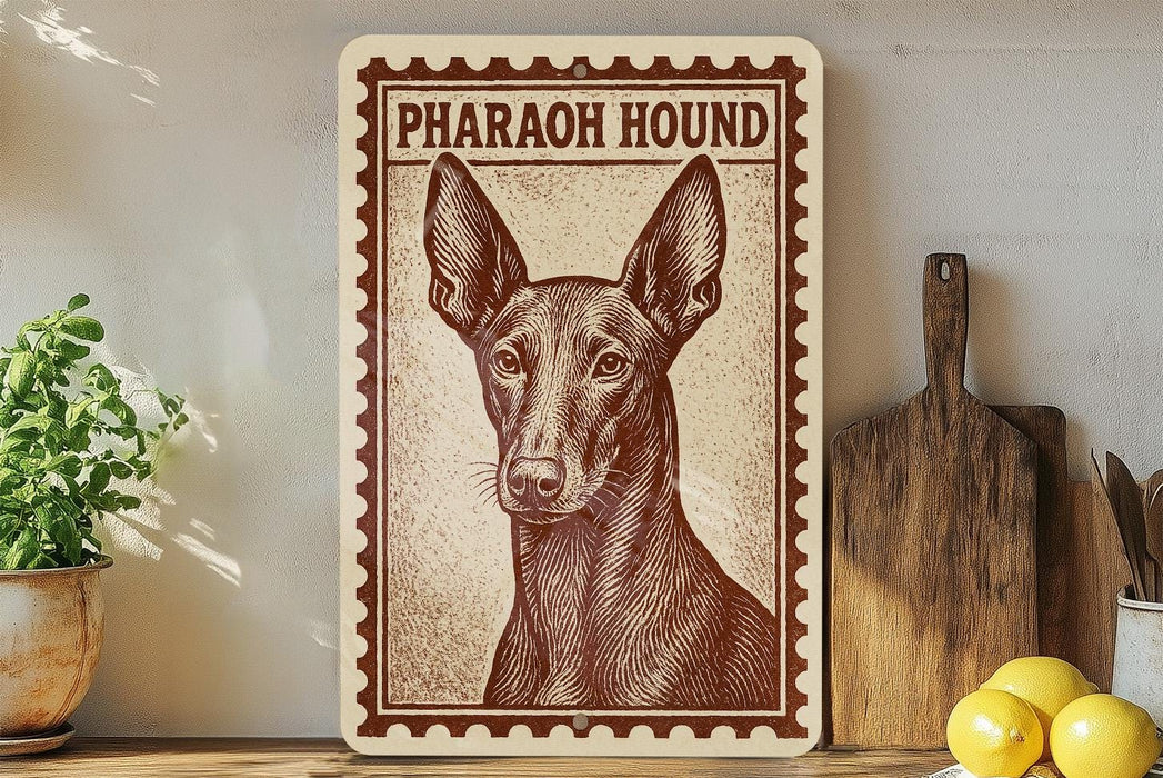 a wooden sign with a drawing of a dog, specifically a pharaoh hound, on it. The sign is placed on a shelf next to a potted plant and a wooden cutting board.