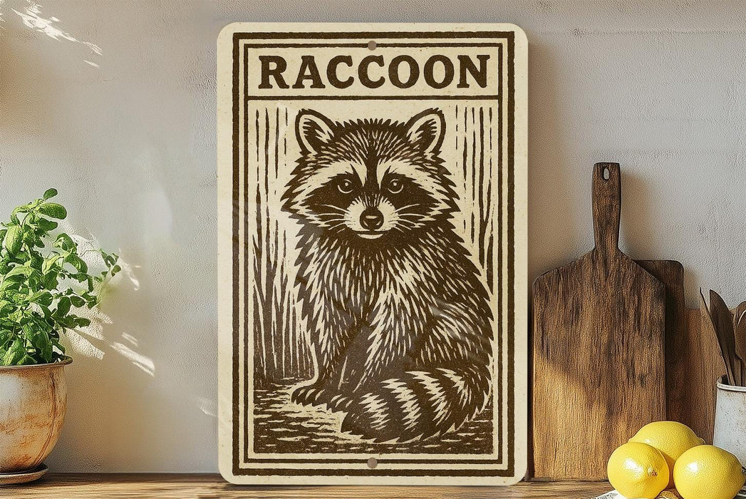 a raccoon illustration on a wooden sign, placed on a shelf next to a potted plant and a wooden cutting board.