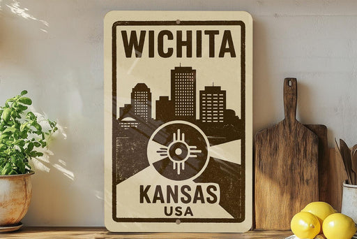 A sign displaying the name of a city, with a graphic of a city skyline in the background.