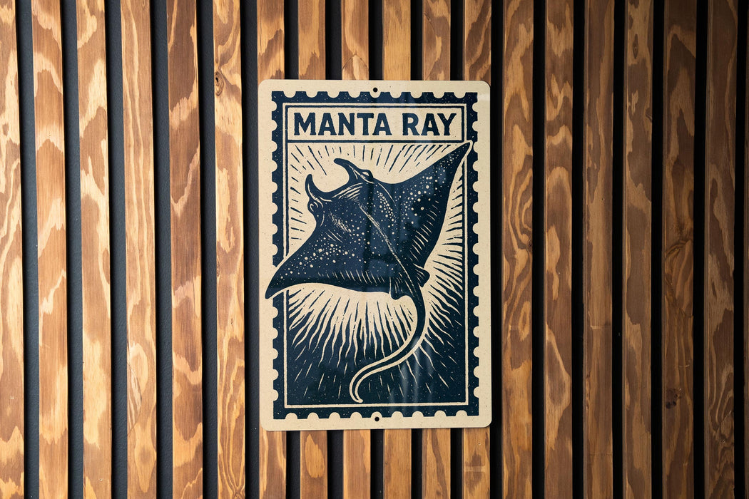 A metal plate with a printed image of a manta ray, which is a type of ray, is mounted on a wooden wall.