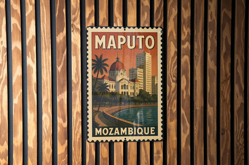 A vintage-style poster of Maputo, Mozambique, is displayed on a wooden wall.