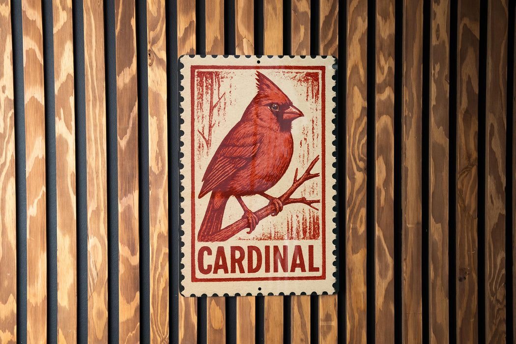 Cardinal Metal Sign – Vintage Stamp Style Wall Art, Rustic Red Bird Decor for Home, Cabin, or Outdoor Display
