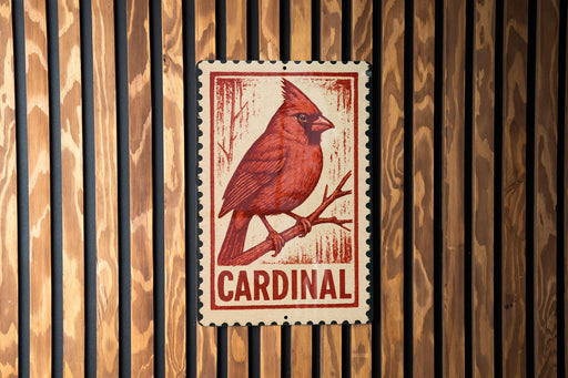 Cardinal Metal Sign – Vintage Stamp Style Wall Art, Rustic Red Bird Decor for Home, Cabin, or Outdoor Display