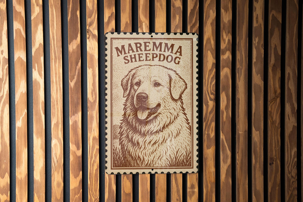 a sign with the name "Maremma Sheepdog" and a picture of a dog.