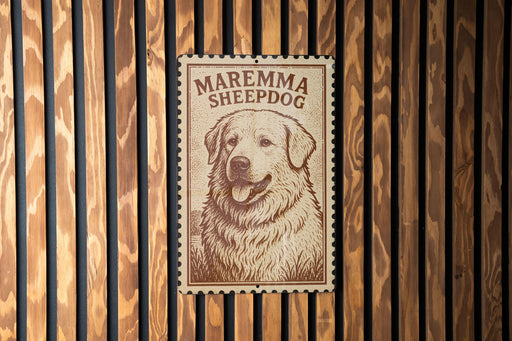 a sign with the name "Maremma Sheepdog" and a picture of a dog.