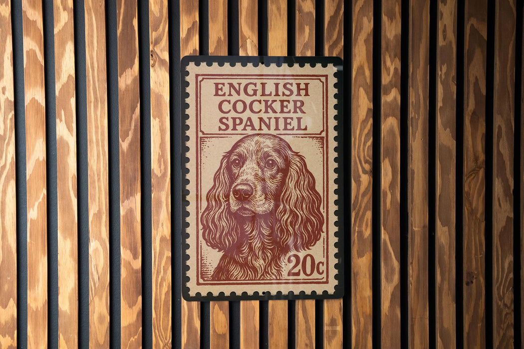 A red and white stamp featuring an illustration of a cocker spaniel dog, with the text "ENGLISH COCKER SPANIEL" printed on it.