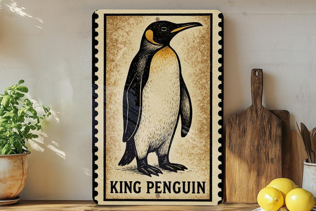 A framed illustration of a penguin is displayed on a shelf, accompanied by a wooden cutting board, a potted plant, and some lemons.