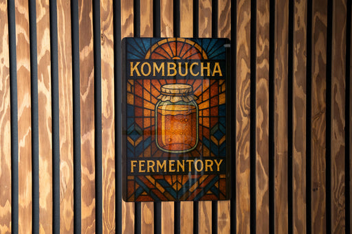 A sign for a kombucha fermentory, featuring a stained glass-style design with a jar of kombucha in the center.