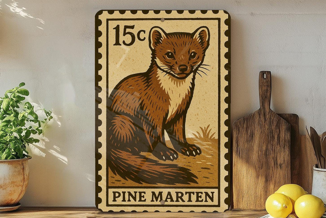 A 15c postage stamp featuring a pine marten, a type of small mammal, is displayed on a shelf next to a wooden cutting board and some lemons.