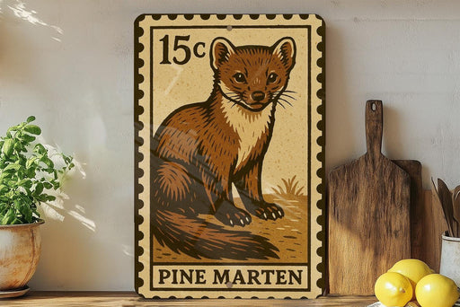 A 15c postage stamp featuring a pine marten, a type of small mammal, is displayed on a shelf next to a wooden cutting board and some lemons.